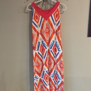Chico's Sleeveless Boho Maxi Dress Geometric Pattern Size 1 Orange Red Blue Tan